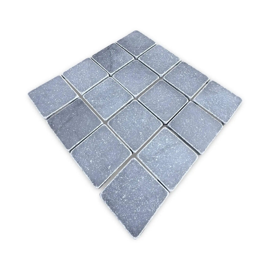 Blue-grey Bardiglio 3x3 Tumbled mosaic tiles with textured speckled finish
