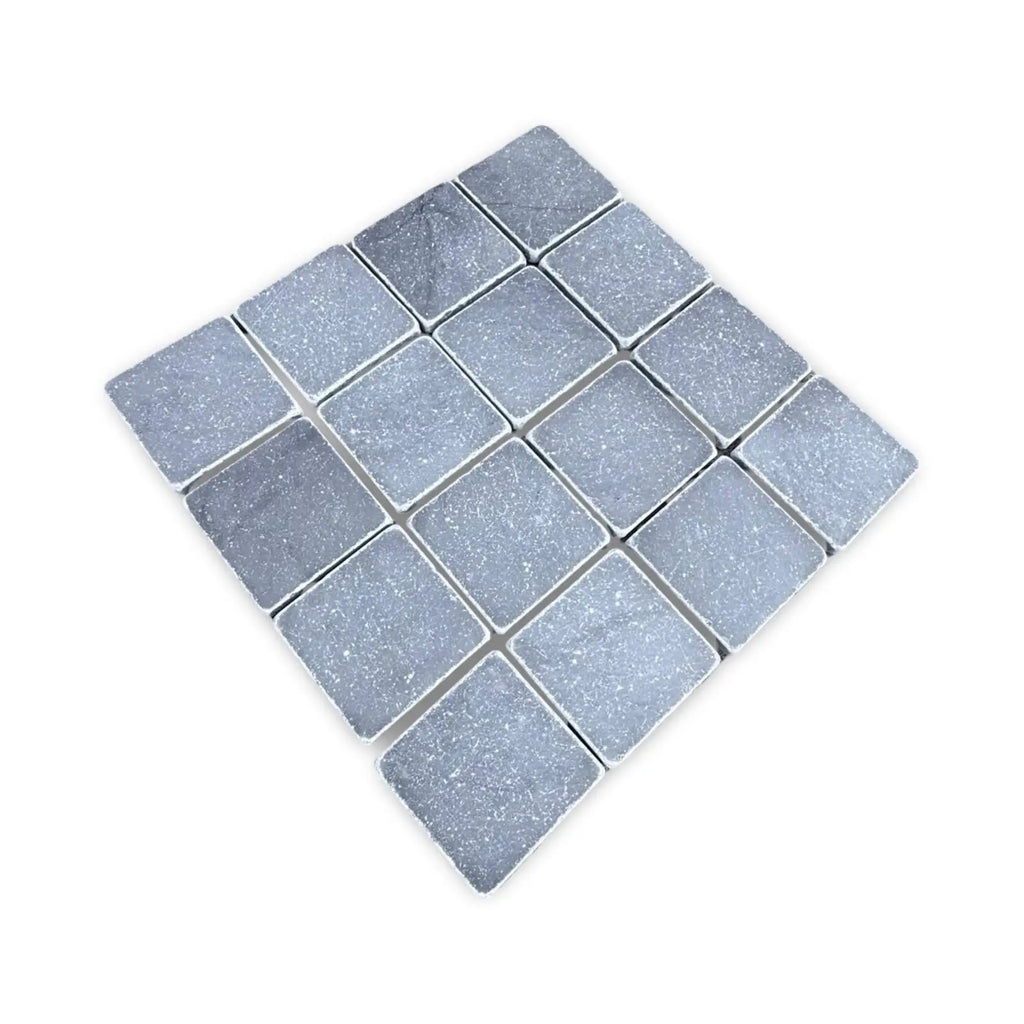 Gray Bardiglio 3x3 tumbled diamond-shaped mosaic tiles with textured finish