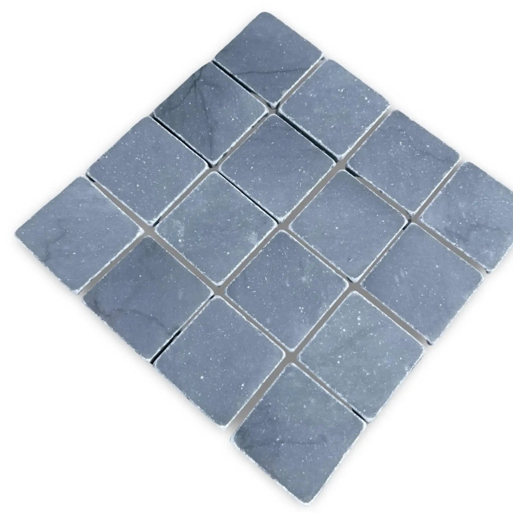 Matte blue-gray Bardiglio 3x3 tumbled square mosaic tiles for interior design
