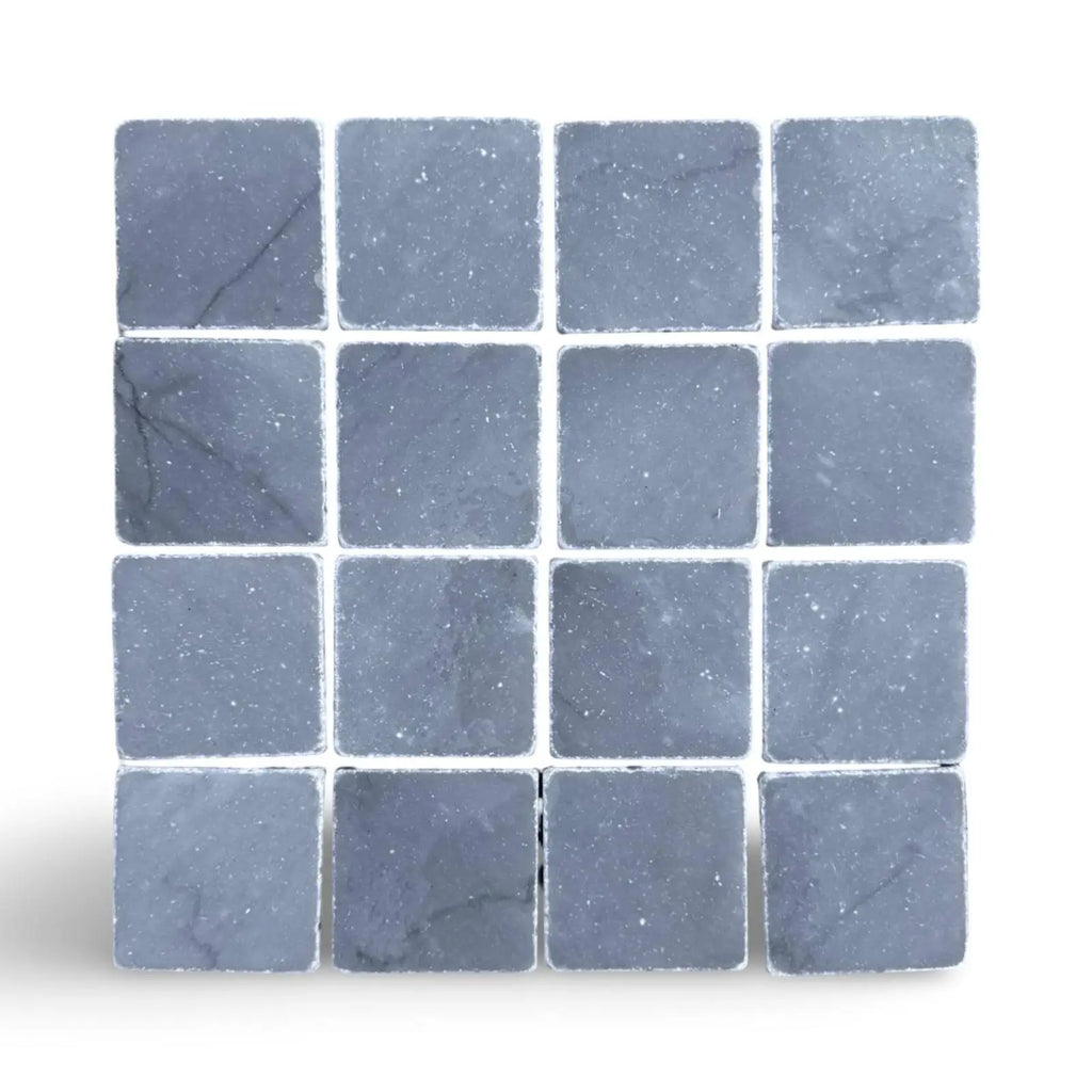 Dark gray Bardiglio 3x3 tumbled stone mosaic tiles with natural veining