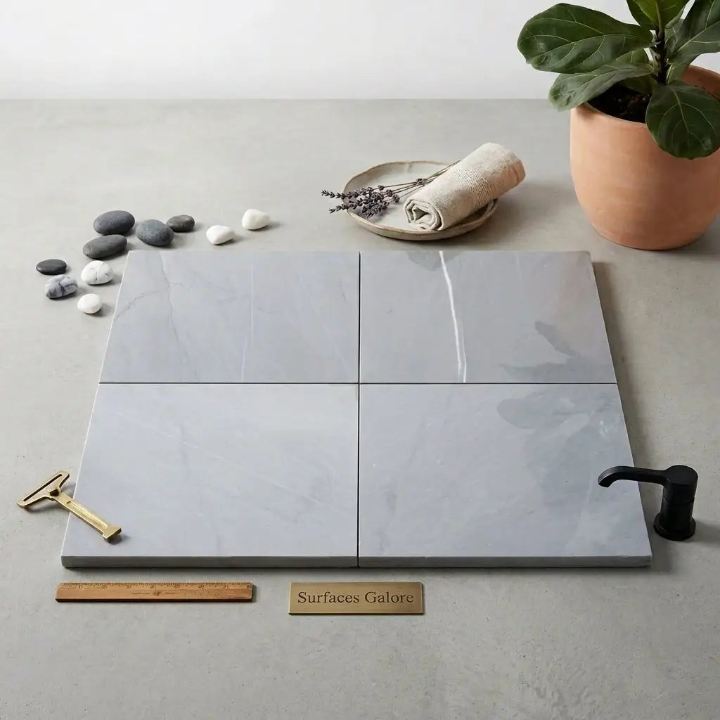 Four square gray bardiglio imperiale marble tiles with polished or honed finish arranged in a grid