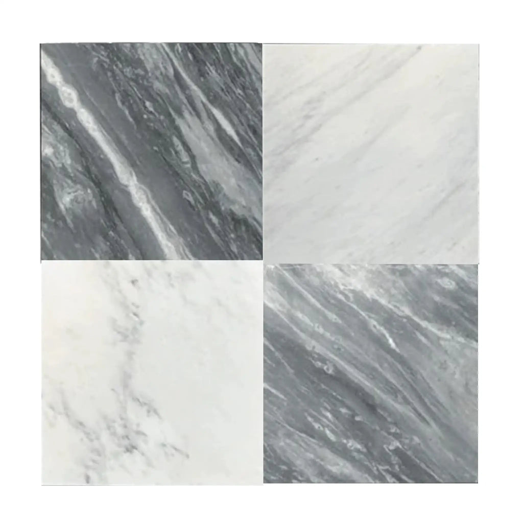 Four Bardiglio Imperiale 12X12 Marble Tumbled tiles with elegant marble patterns