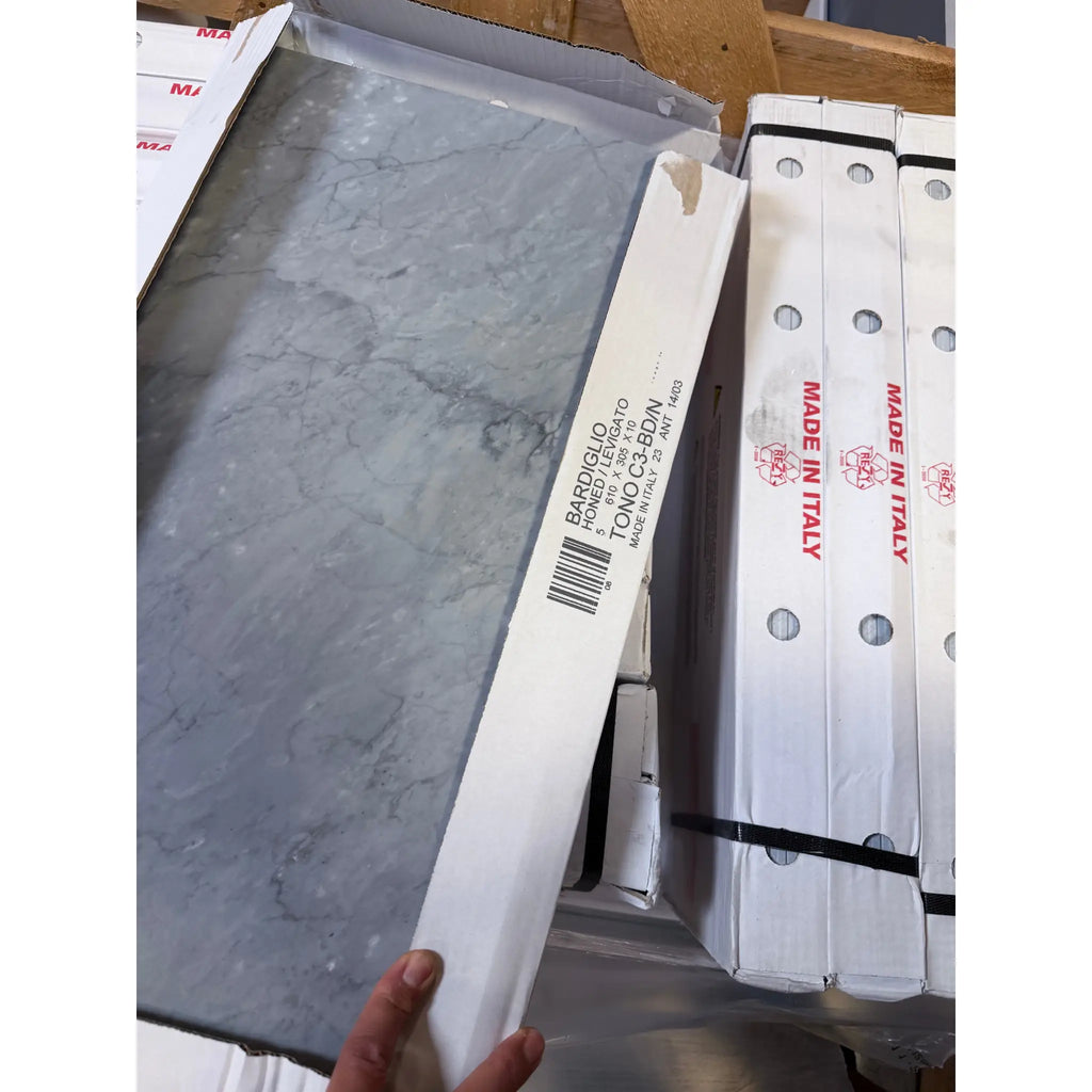 Gray bardiglio imperiale 12x24 polished or honed marble slab with subtle veining in white bardi cio box made in Italy