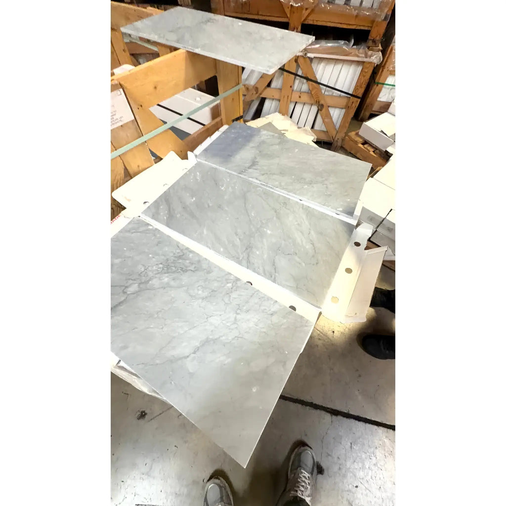 Bardiglio Imperiale 12x24 marble polished or honed gray marble tiles with subtle veining on white support structure