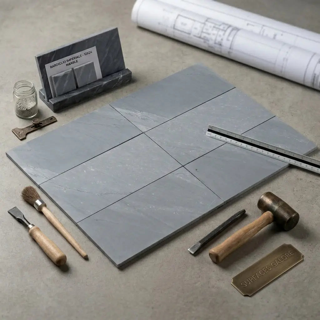 Six rectangular bardiglio imperiale gray marble tiles with subtle veining arranged in a polished or honed grid pattern