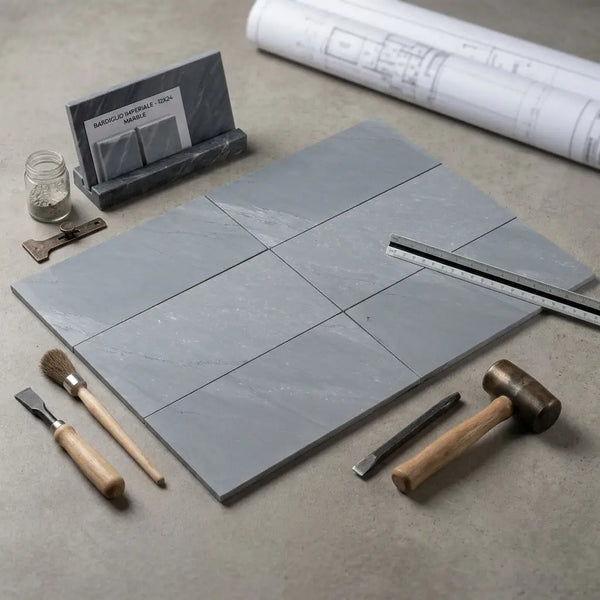 Six rectangular gray bardiglio imperiale 12x24 marble tiles with subtle veining arranged in a polished grid pattern