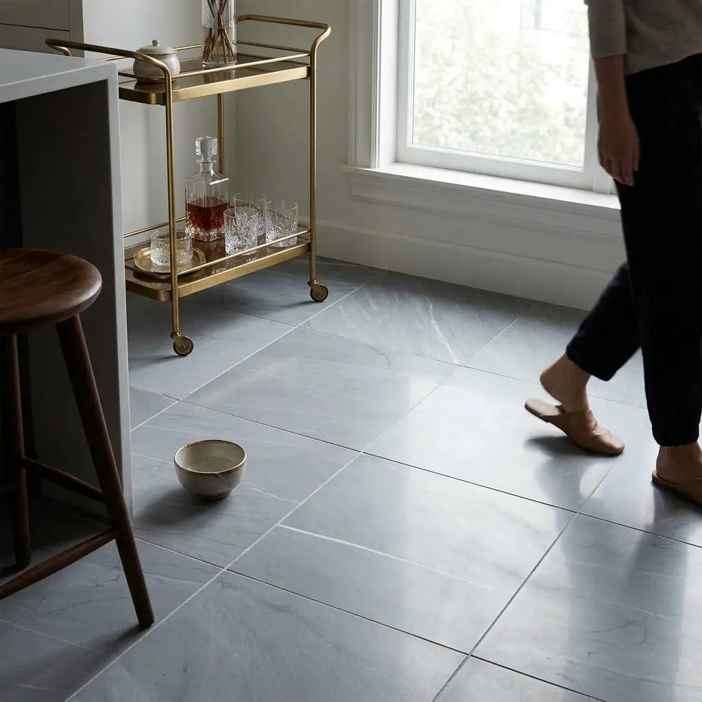 Bardiglio Imperiale 18x18 gray marble polished floor tile with subtle veining and glossy finish