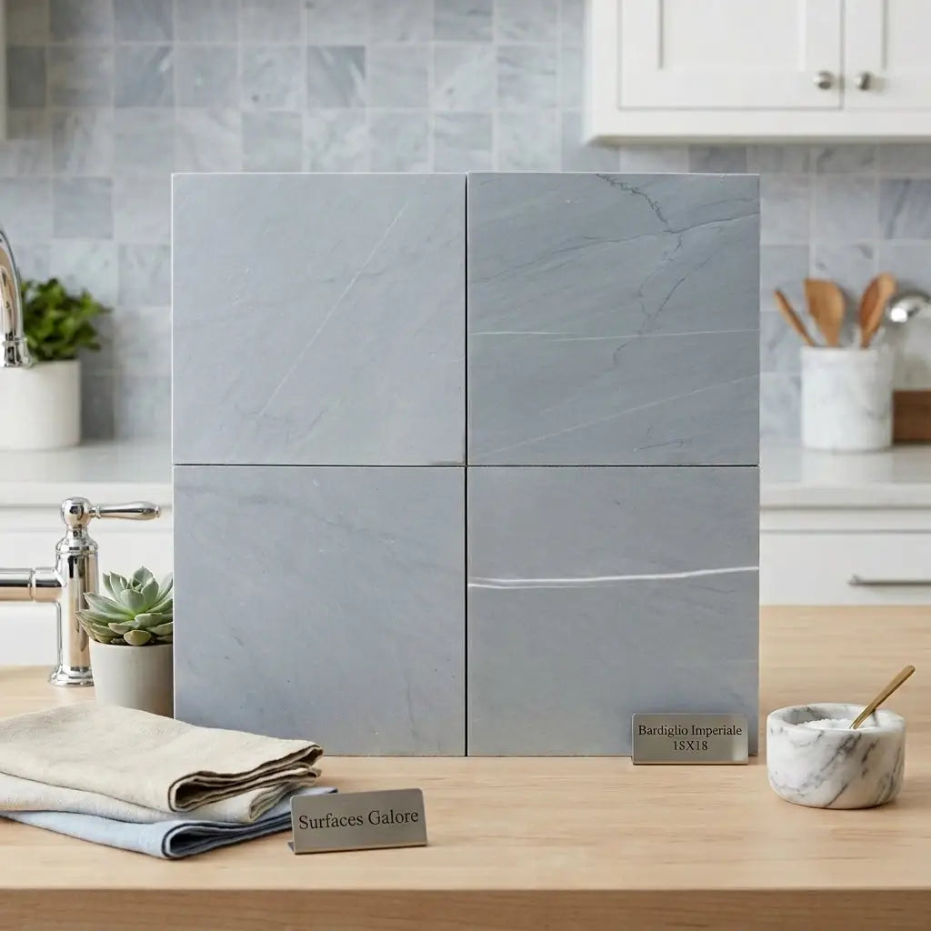 Bardiglio imperiale 18x18 polished or honed marble tiles in gray with subtle white veining arranged in a 2x2 display