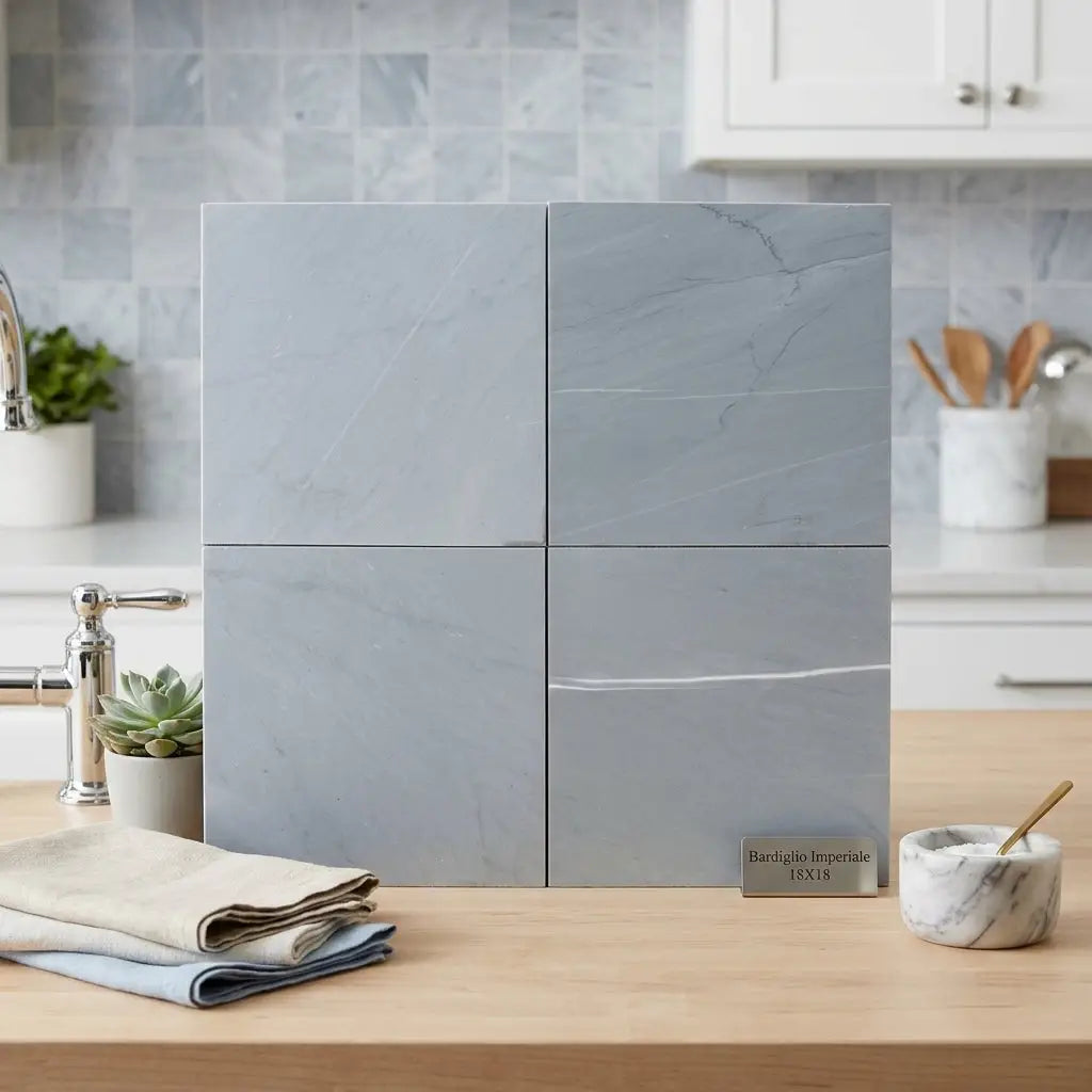 Light gray bardiglio imperiale 18x18 marble polished or honed ceramic tiles with subtle veining arranged in a 2x2 display