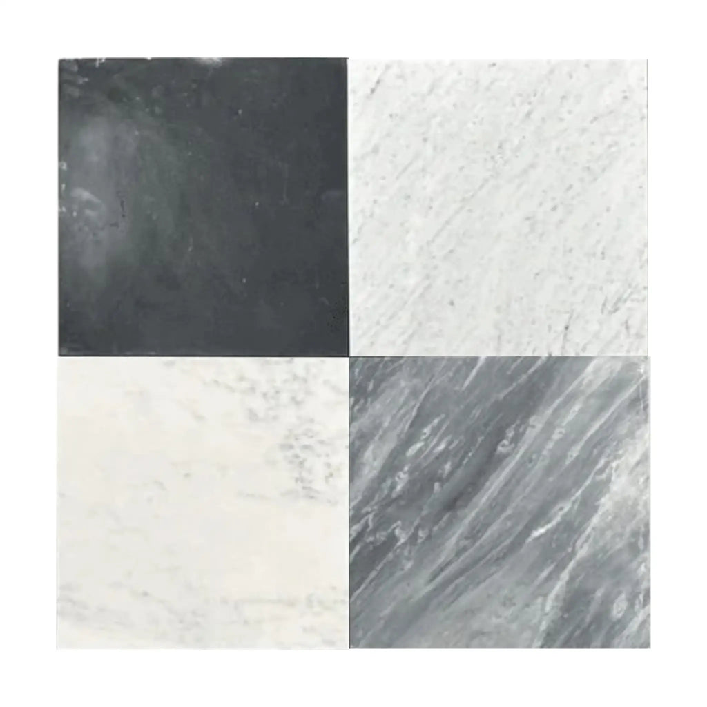 Four square Bardiglio Imperiale 12X12 Marble Tumbled tiles displayed elegantly