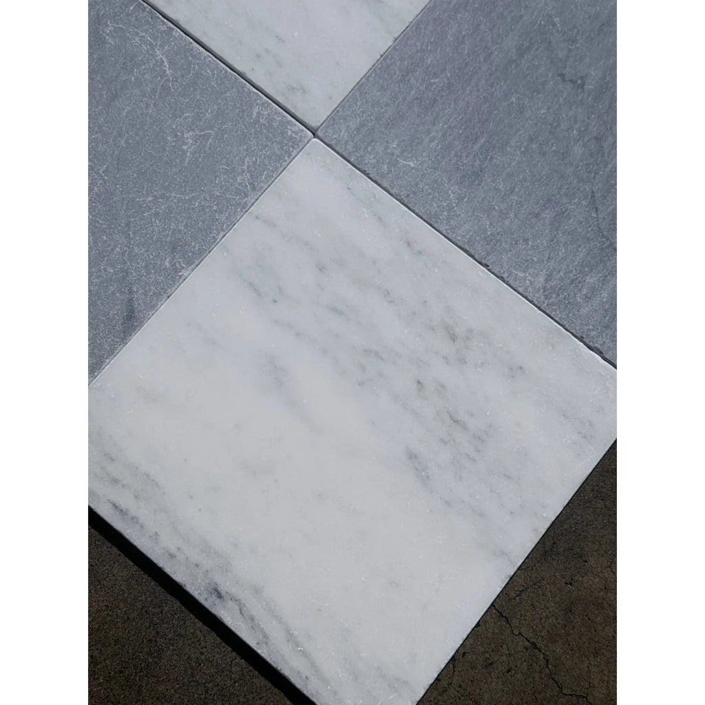 Square bardiglio imperiale 12x12 marble tumbled tiles in checkered pattern white with gray veining and dark gray stone