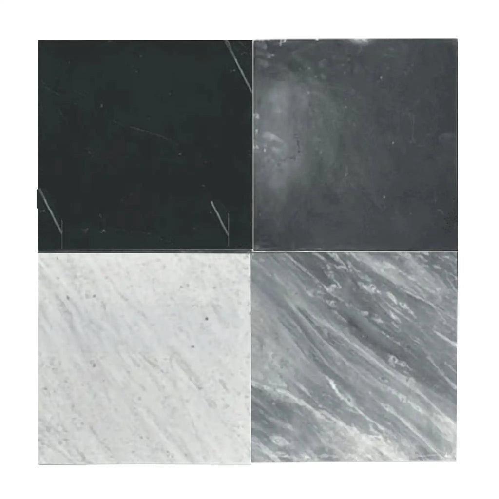 Four square Bardiglio Imperiale 12X12 Marble Tumbled tiles showcasing elegant design