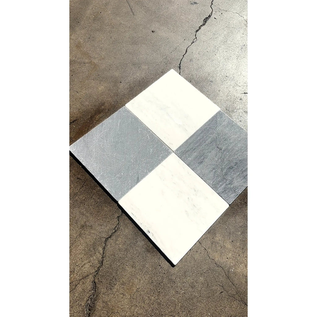 Bardiglio imperiale 12x12 marble tumbled square mosaic tile featuring a white and gray stone checkerboard pattern