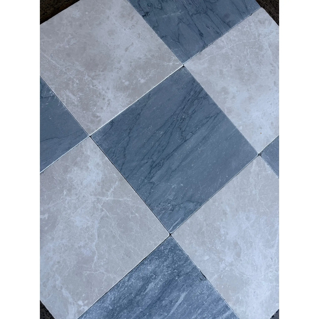 Square bardiglio imperiale 12x12 marble tumbled tiles in alternating gray and blue marble patterns for elegant flooring