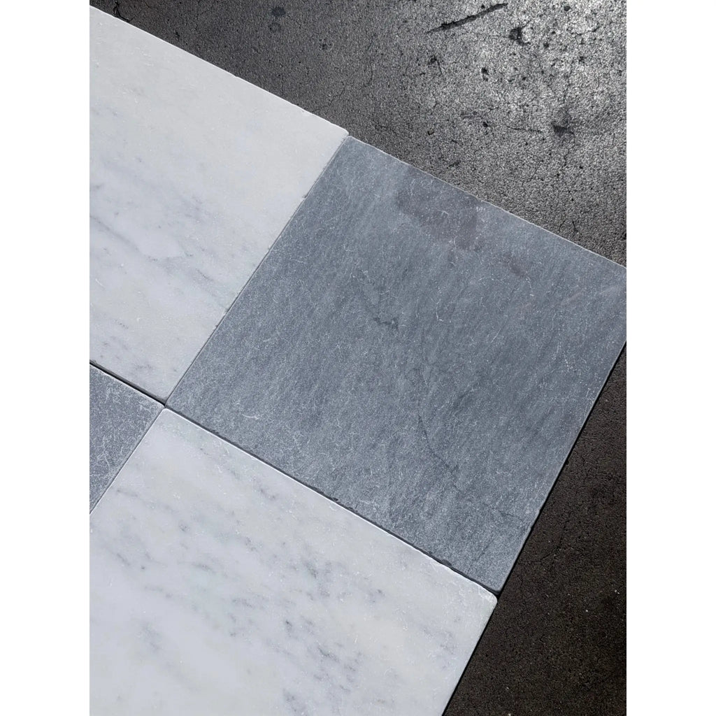 Bardiglio Imperiale 12x12 marble tumbled tiles in white with gray veining and solid slate-gray in checkerboard pattern