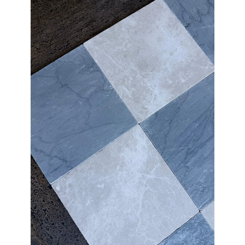 Square bardiglio imperiale 12x12 marble tumbled tiles with marble-like finish in gray and beige alternating pattern
