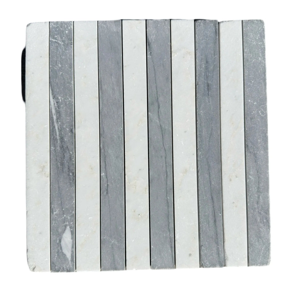 Alternating gray and white striped stone tile in Bardiglio Imperiale and White Carrara Marble