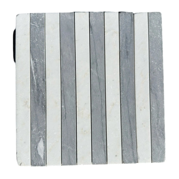 Alternating gray and white striped stone tile in Bardiglio Imperiale and White Carrara Marble