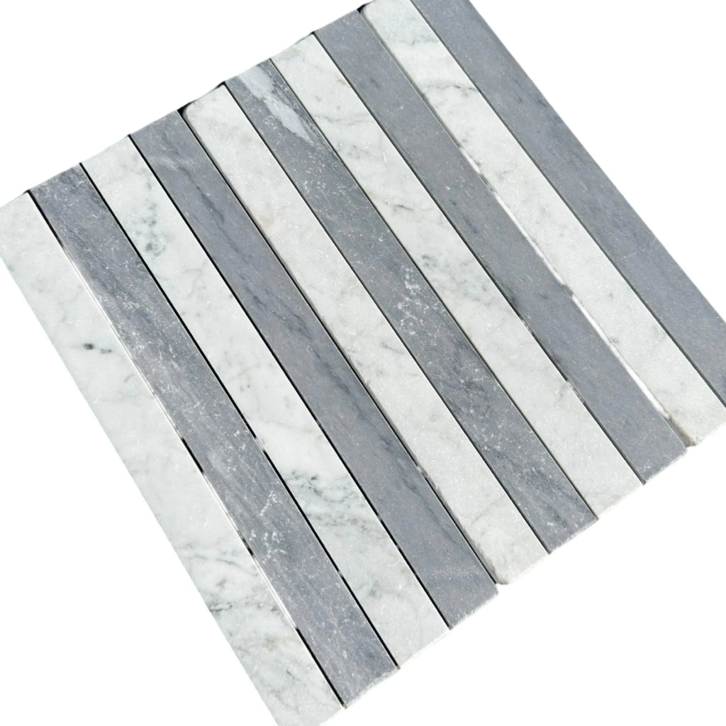 Alternating gray and white striped tile in Bardiglio Imperiale and White Carrara Marble mosaic