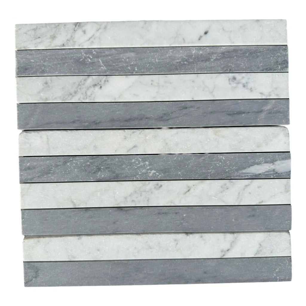 Stacked Bardiglio Imperiale and White Carrara Marble tiles with gray stripes