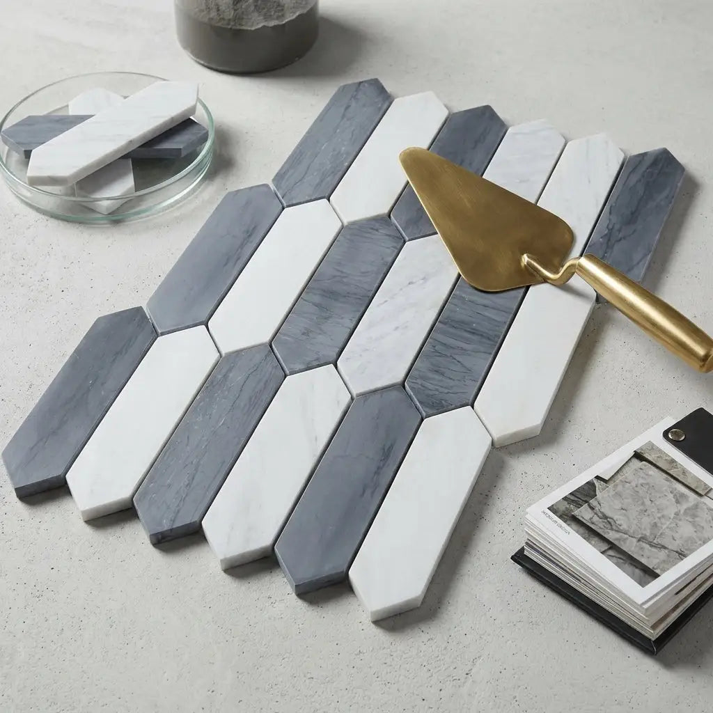 Gray and white bardiglio imperiale and bianco dolomite marble 3 by 12 inch picket hexagonal mosaic tile pattern