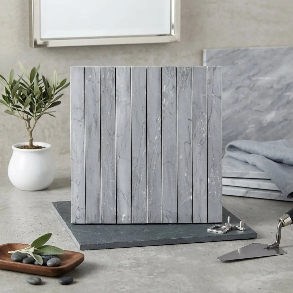 Bardiglio imperiale marble 1 1/8 x 12 mosaic gray marble-effect tile panel with vertical wood grain texture