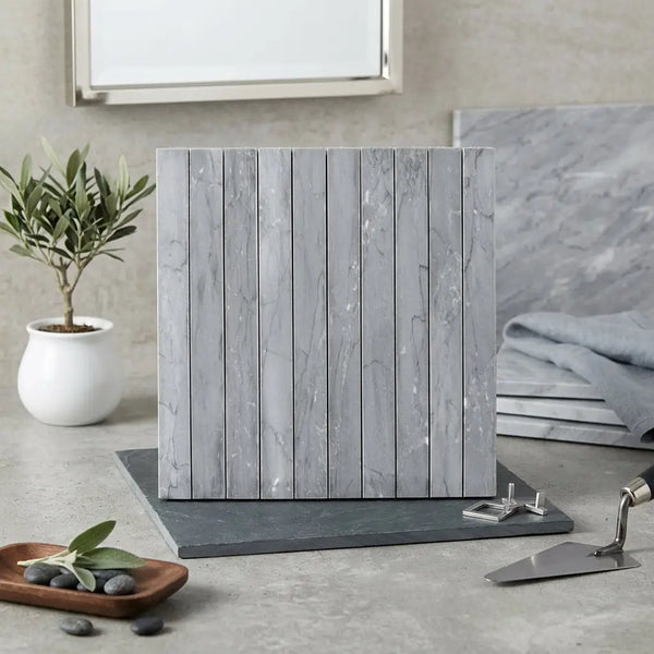 Bardiglio imperiale marble 1 1/8 x 12 mosaic gray marble-effect tile panel with vertical wood grain texture