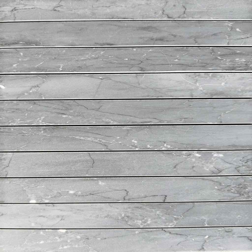 Gray marble-patterned planks in Bardiglio Imperiale Marble 1 1/8 X 12 Mosaic design