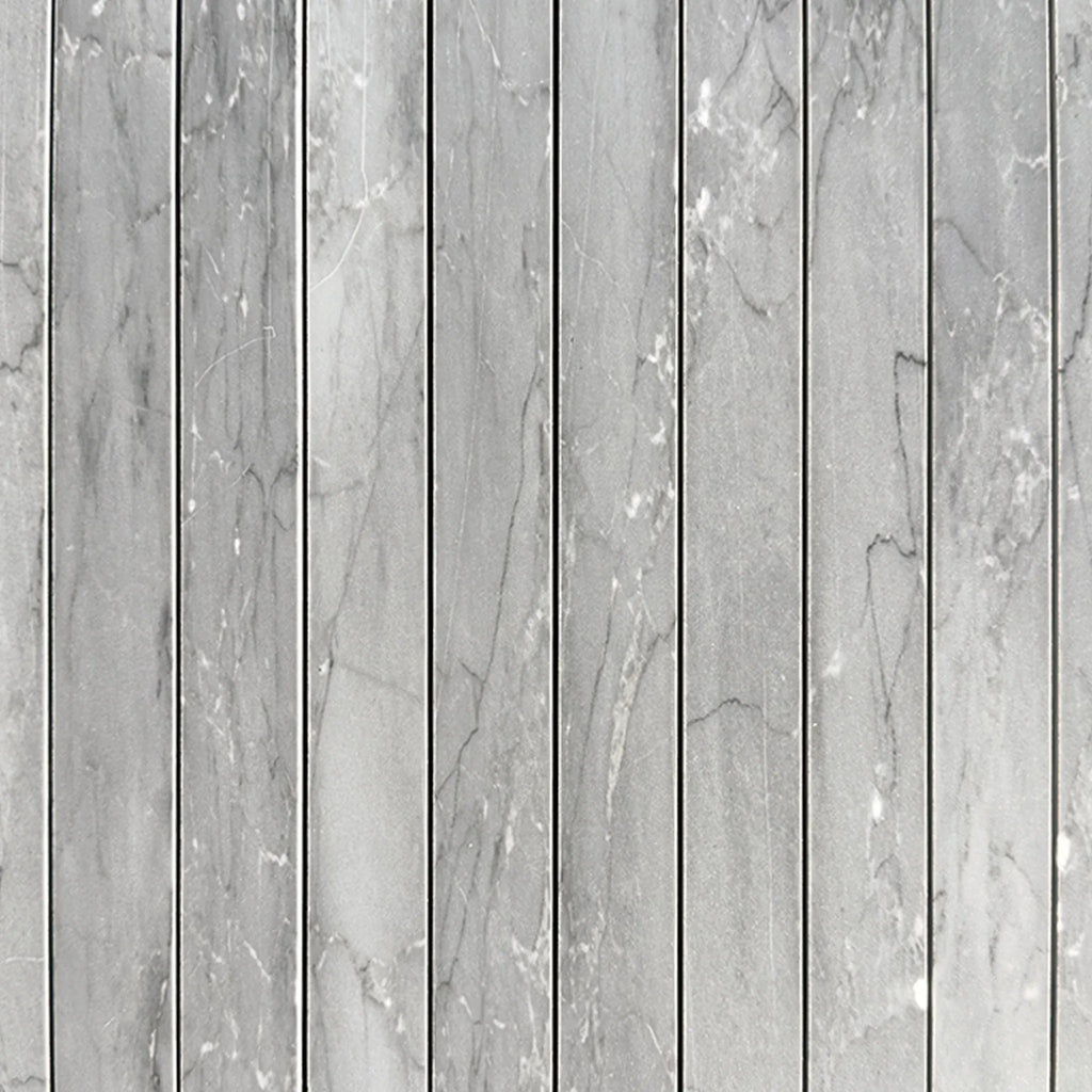 Gray marble plank paneling from Bardiglio Imperiale Marble 1 1/8 X 12 Mosaic