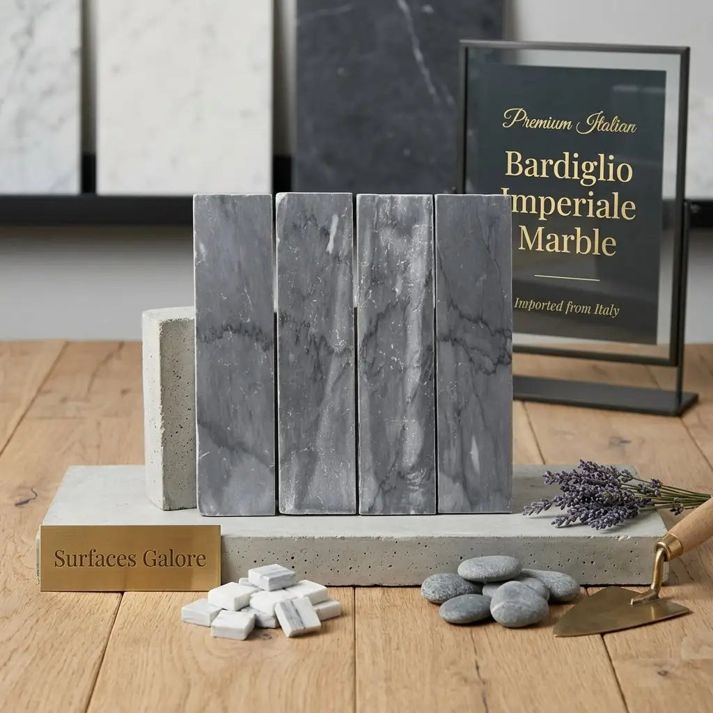 Bardiglio imperiale marble 3 x 12 field tile in gray with subtle veining displayed on a concrete slab