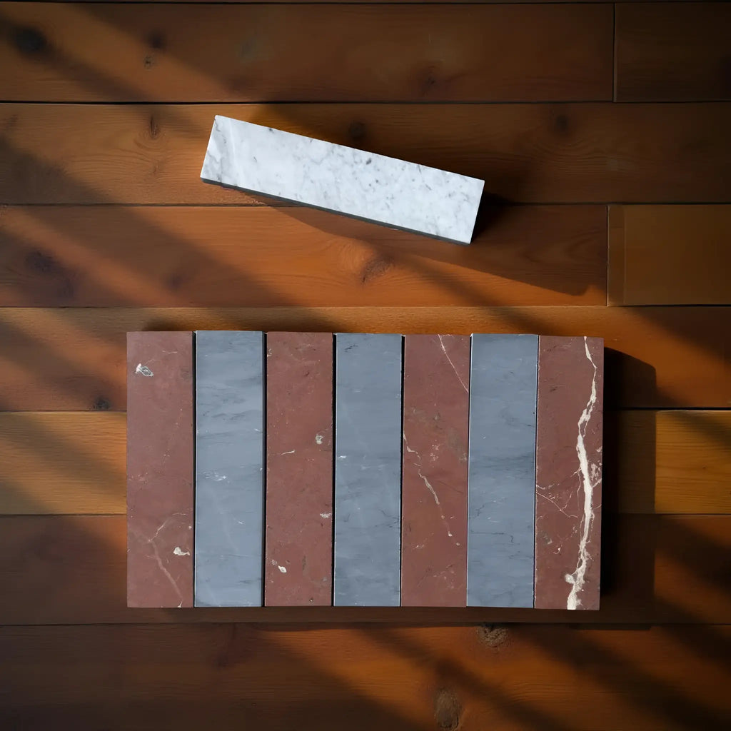 Rectangular marble tiles of Bardiglio Imperiale and Rojo Alicante in 3’’ X 12’’ size
