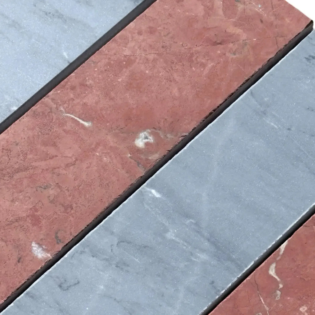 Alternating red and gray marble tiles in Bardiglio Imperiale Rojo Alicante 3’’ X 12’’ design
