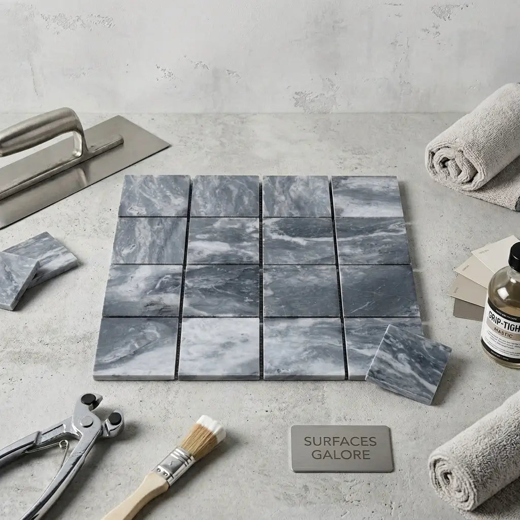 Bardiglio marble 3x3 mosaic of gray and white marble tiles arranged in a grid pattern for wall or floor use