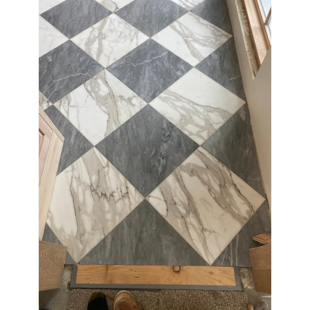 Bardiglio Nuvolato 12x12 polished marble tiles with diamond-patterned white and gray surfaces