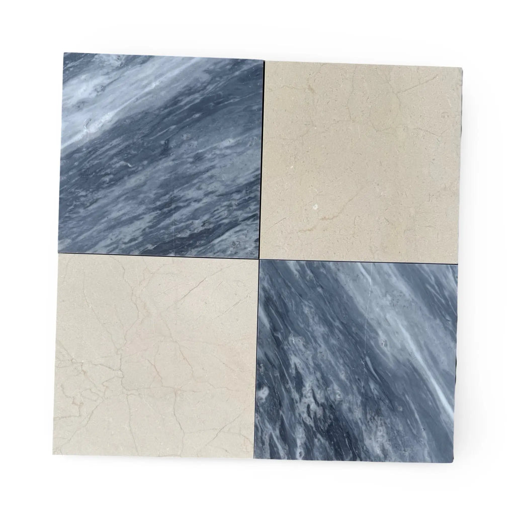 Four square tiles with two marble-patterned and two beige finishes from Bardiglio Nuvolato collection