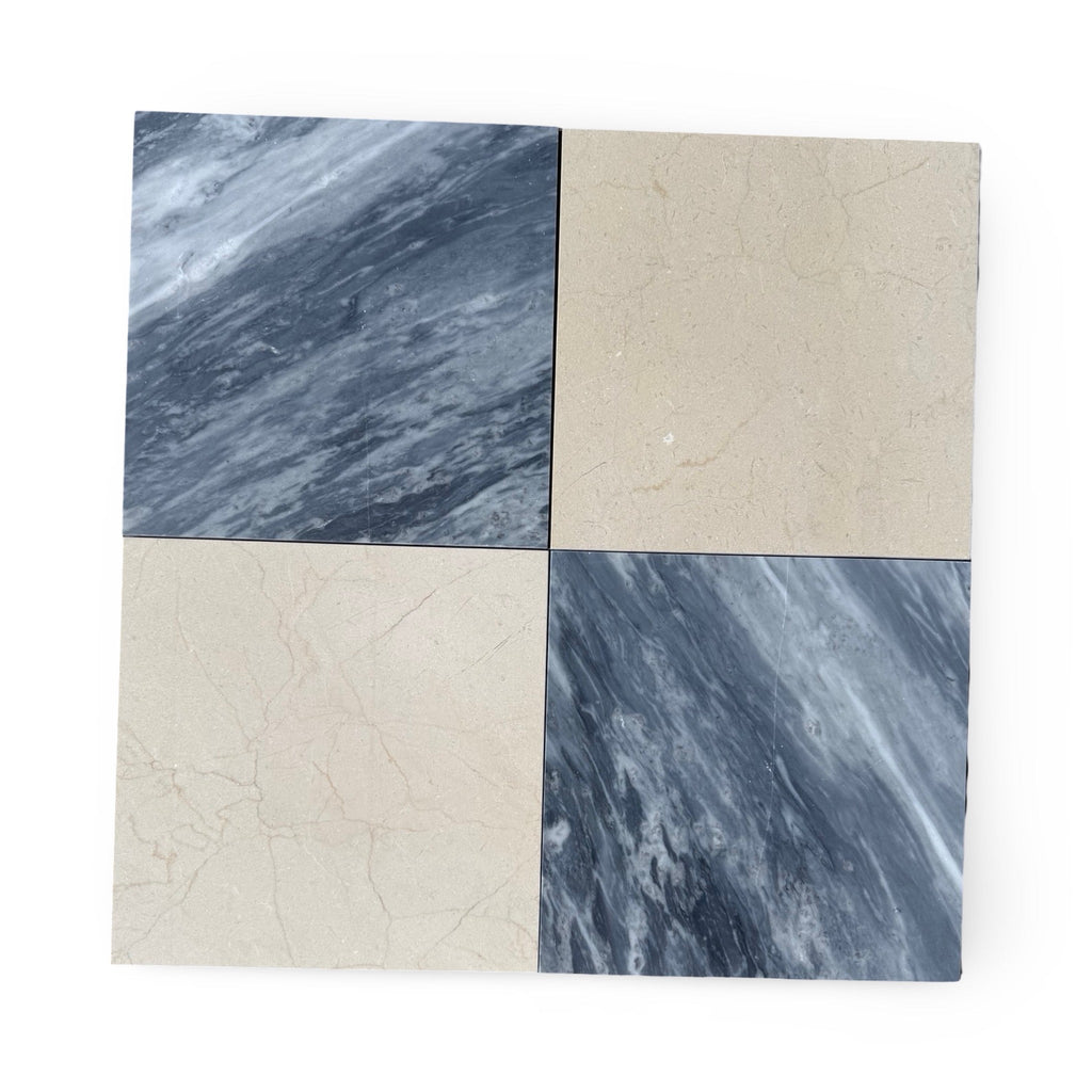 Four square Bardiglio Nuvolato marble tiles in 12x24 inch size, polished or honed finish
