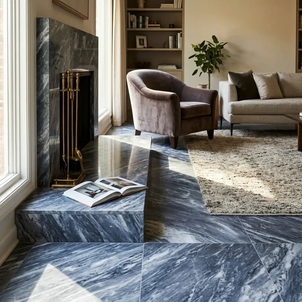 Blue and white bardiglio nuvolato marble fireplace surround with polished finish and gold-toned fire tools