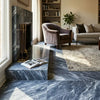 Blue and white bardiglio nuvolato polished marble fireplace surround with gold-toned fire tools in 18x18 size