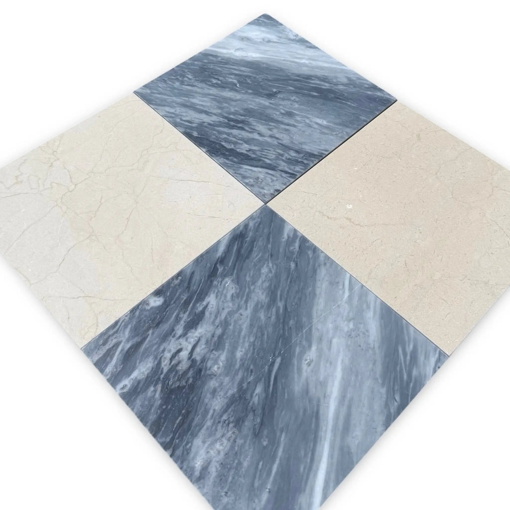 Diamond-patterned Bardiglio Nuvolato 18X18 Marble tiles in polished or honed finish