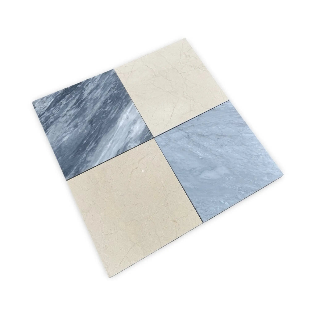 Four square Bardiglio Nuvolato marble tiles in polished or honed finish