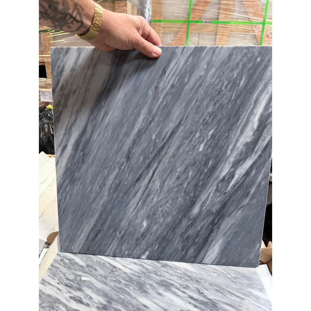Gray and white veined Bardiglio Nuvolato 18x18 marble tile for elegant flooring or panels