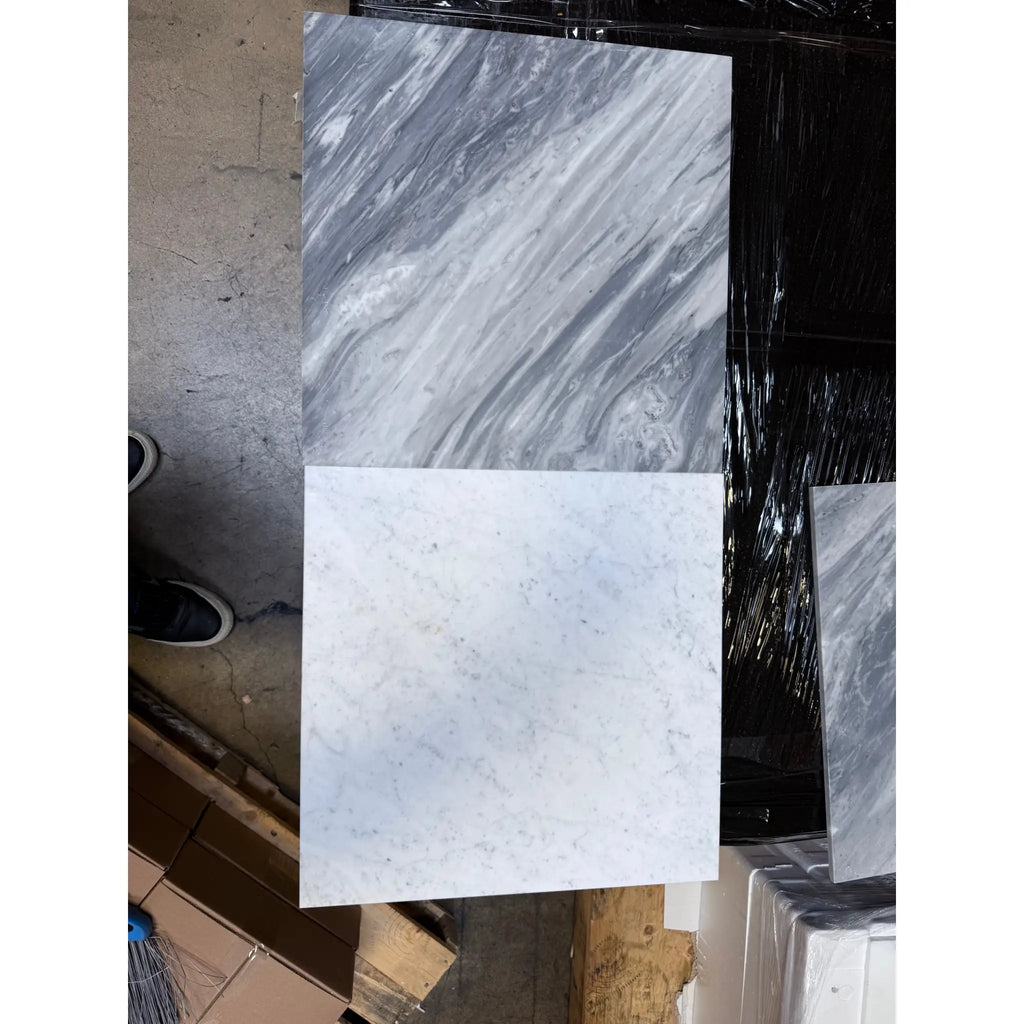 Two polished or honed marble tiles, Bardiglio Nuvolato 18X18, gray and white pattern