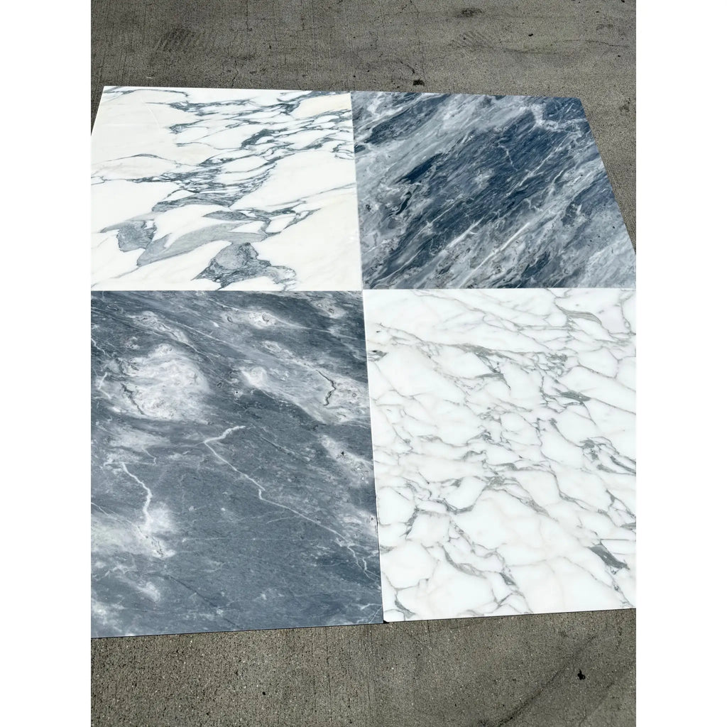 Four square Bardiglio Nuvolato marble tiles in two patterns and colors for flooring or walls