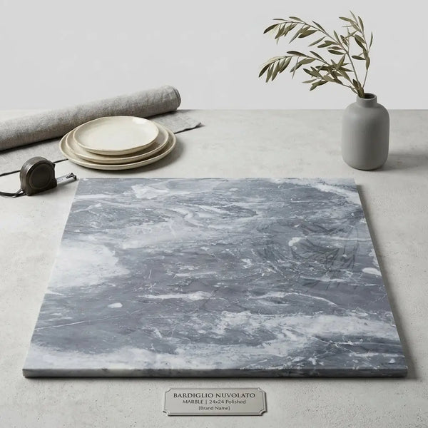 Polished bardiglio nuvolato 24x24 marble slab featuring gray and white swirling cloud-like pattern