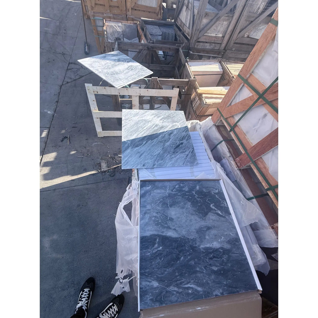 Blue and gray Bardiglio Nuvolato marble tiles with white veining in polished or honed finish