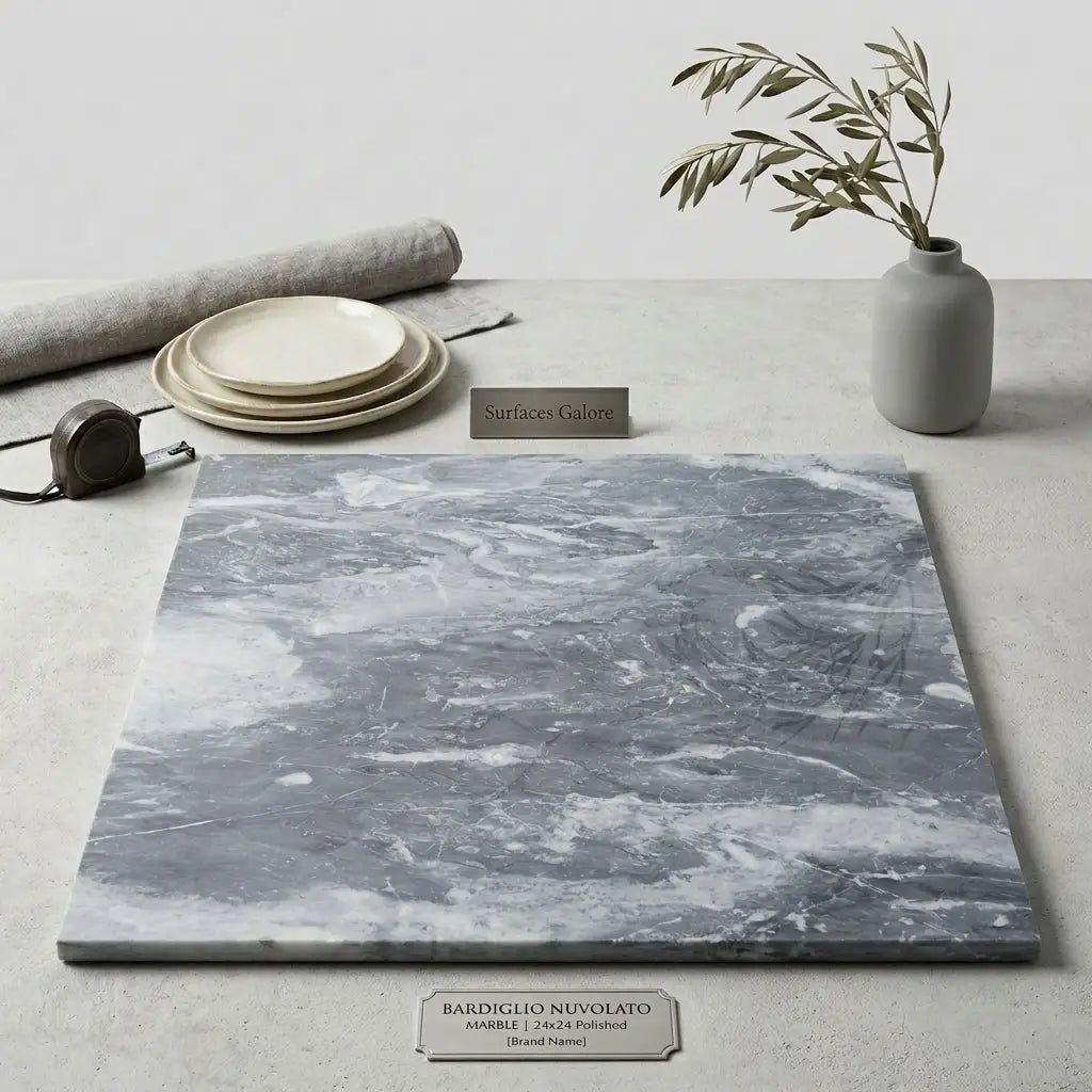 Polished gray and white bardiglio nuvolato marble tile with swirling veining by surfaces galore, 24x24 size