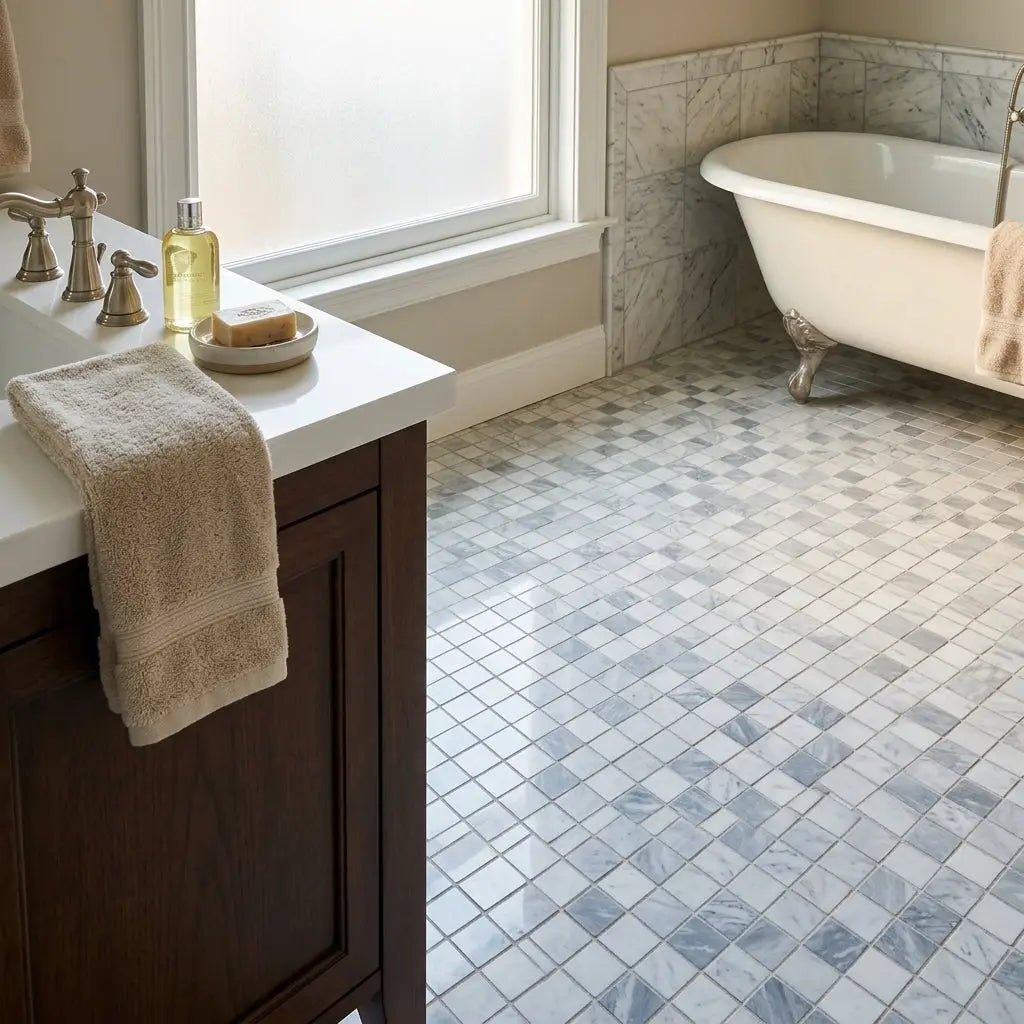 Bathroom floor with bardiglio nuvolato thassos oriental white 2x2 polished mosaic tiles in light gray and white marble pattern