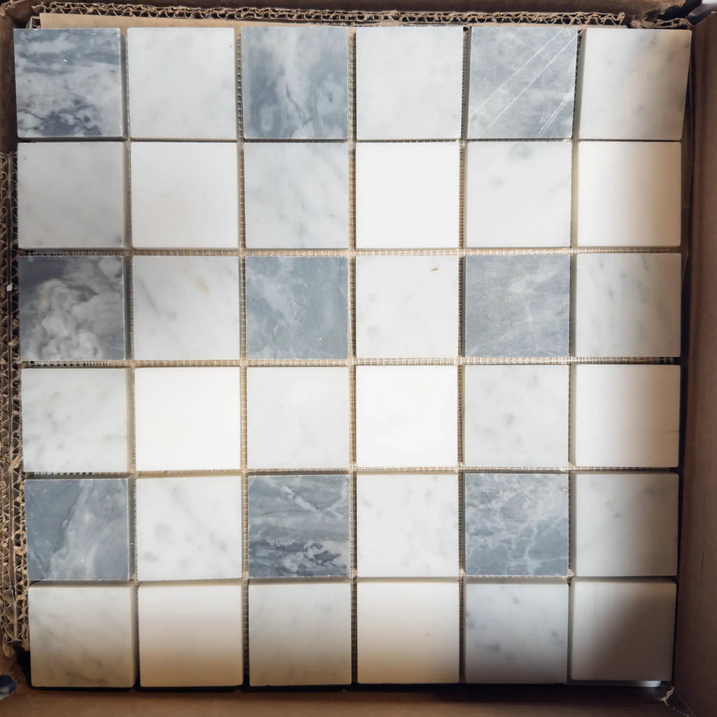 Mosaic tile sheet featuring Bardiglio Nuvolato, Thassos, and Oriental White in polished finish