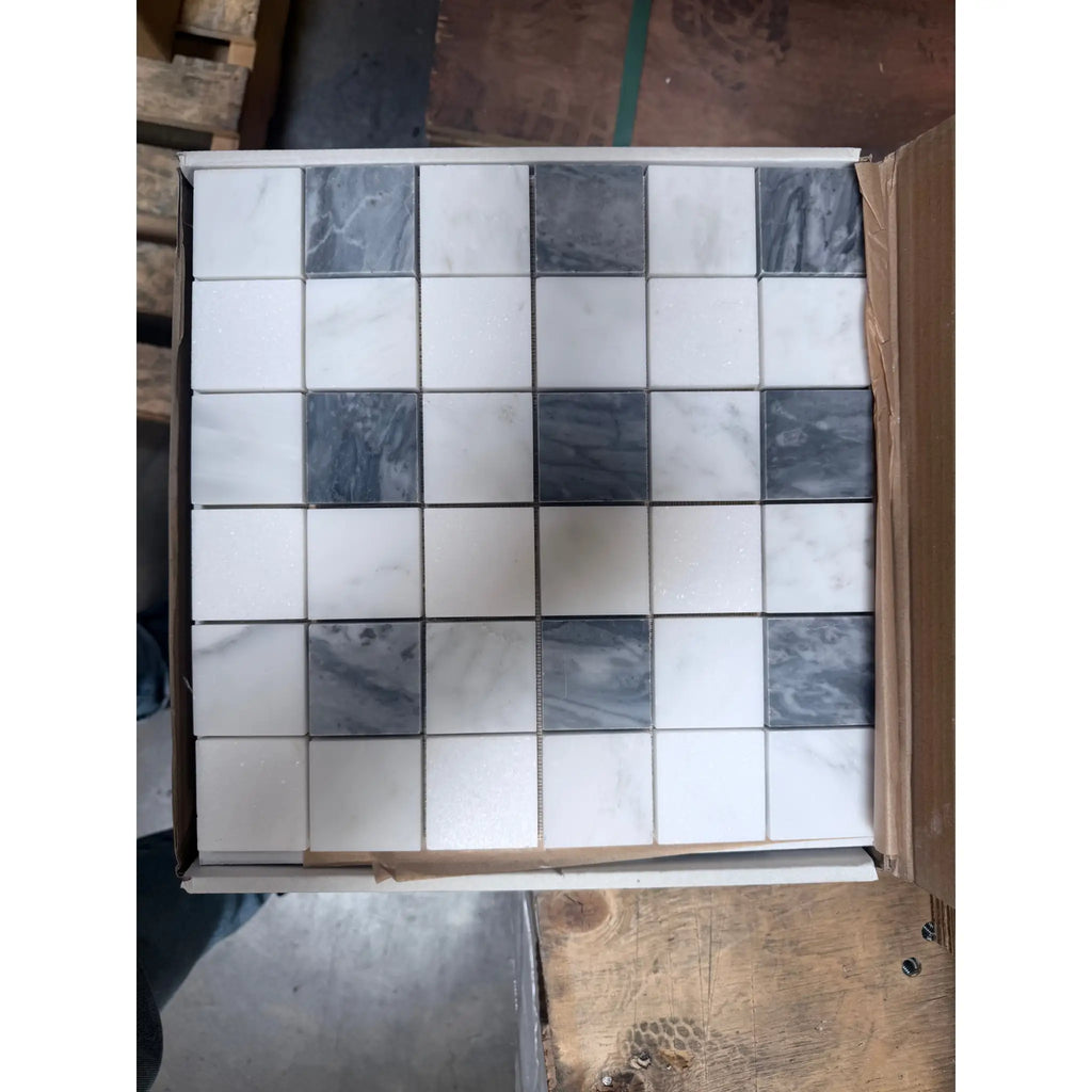 Square mosaic tile panel with alternating white and dark gray bardiglio nuvolato marble tiles in checkerboard design