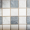 Square marble tile mosaic featuring Bardiglio Nuvolato Thassos Oriental White 2X2